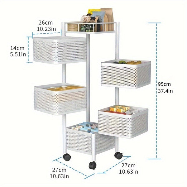 Rotating Kitchen Storage Shelf 5 Tier, Metal Fruit Vegetable Storage Basket Multi - Layer Vegetable Rack Storage Trolley On Wheels, Floor - Standing Basket For Kitchen Bathroom, Square - Eco Explorer Hub