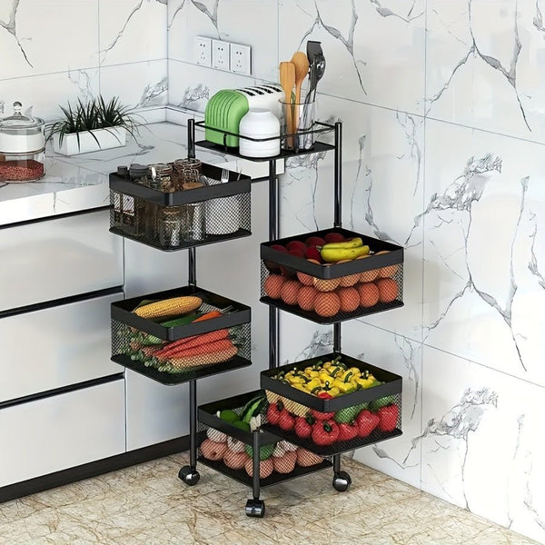 Rotating Kitchen Storage Shelf 5 Tier, Metal Fruit Vegetable Storage Basket Multi - Layer Vegetable Rack Storage Trolley On Wheels, Floor - Standing Basket For Kitchen Bathroom, Square - Eco Explorer Hub