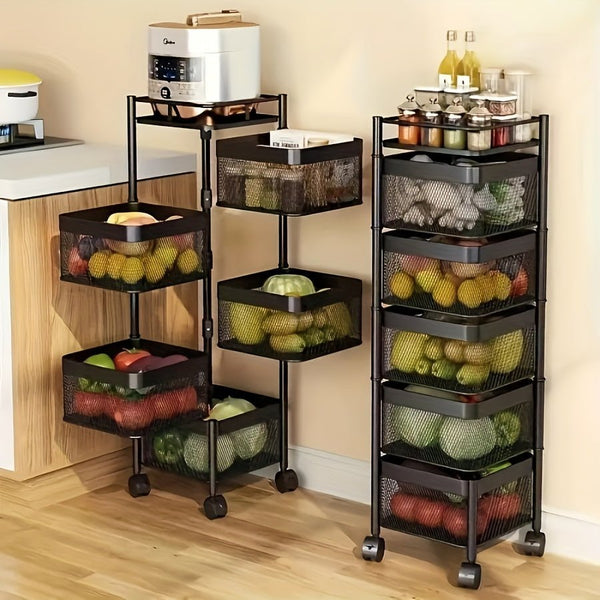 Rotating Kitchen Storage Shelf 5 Tier, Metal Fruit Vegetable Storage Basket Multi - Layer Vegetable Rack Storage Trolley On Wheels, Floor - Standing Basket For Kitchen Bathroom, Square - Eco Explorer Hub