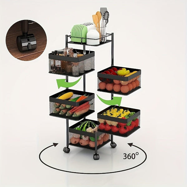 Rotating Kitchen Storage Shelf 5 Tier, Metal Fruit Vegetable Storage Basket Multi - Layer Vegetable Rack Storage Trolley On Wheels, Floor - Standing Basket For Kitchen Bathroom, Square - Eco Explorer Hub