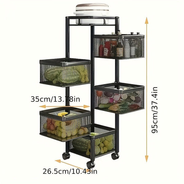 Rotating Kitchen Storage Shelf 5 Tier, Metal Fruit Vegetable Storage Basket Multi - Layer Vegetable Rack Storage Trolley On Wheels, Floor - Standing Basket For Kitchen Bathroom, Square - Eco Explorer Hub