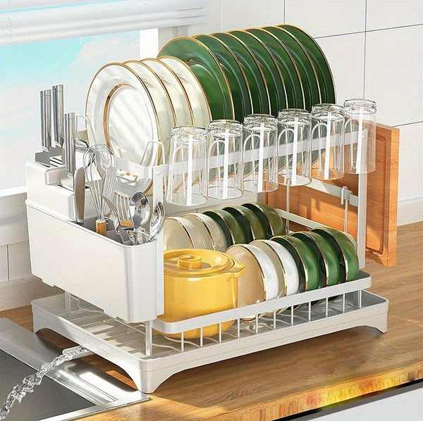 White collapsible bowl holder Kitchen must - have 2 - layer cutlery rack, rust - proof stainless steel kitchen cutlery drying rack with drain tray and kitchen counter dish holder, kitchen accessories - Eco Explorer Hub