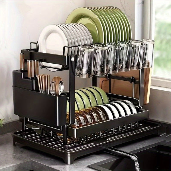 White collapsible bowl holder Kitchen must - have 2 - layer cutlery rack, rust - proof stainless steel kitchen cutlery drying rack with drain tray and kitchen counter dish holder, kitchen accessories - Eco Explorer Hub