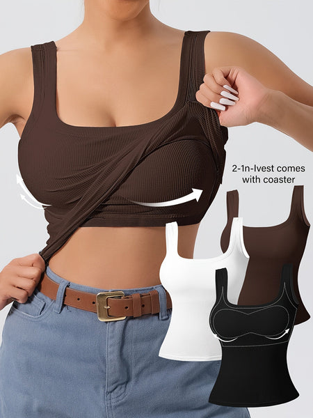 Women's 3Pcs U - Back Tank Tops With Removable Pads, Slim Fit Solid Color Versatile Inner & Outerwear Camisole Vest Set Casual Style - Eco Explorer Hub