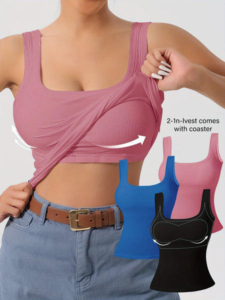 Women's 3Pcs U - Back Tank Tops With Removable Pads, Slim Fit Solid Color Versatile Inner & Outerwear Camisole Vest Set Casual Style - Eco Explorer Hub