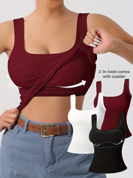 Women's 3Pcs U - Back Tank Tops With Removable Pads, Slim Fit Solid Color Versatile Inner & Outerwear Camisole Vest Set Casual Style - Eco Explorer Hub