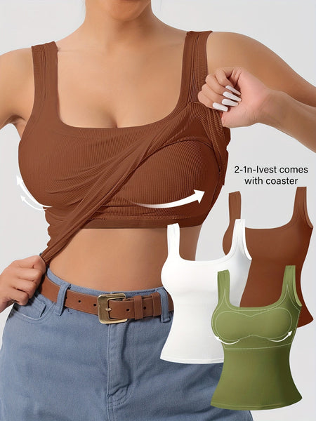 Women's 3Pcs U - Back Tank Tops With Removable Pads, Slim Fit Solid Color Versatile Inner & Outerwear Camisole Vest Set Casual Style - Eco Explorer Hub