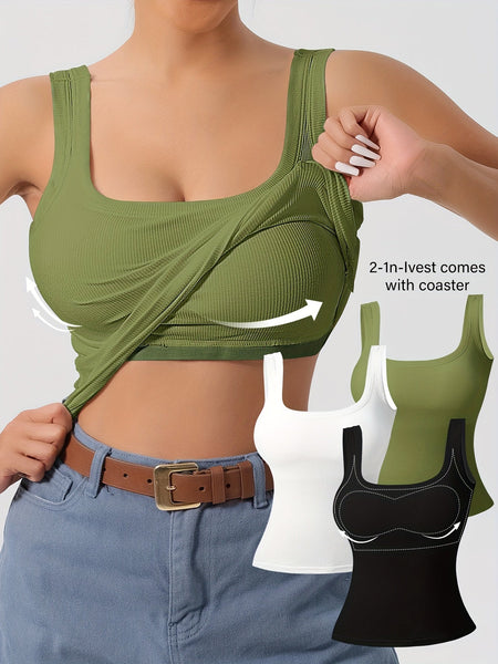 Women's 3Pcs U - Back Tank Tops With Removable Pads, Slim Fit Solid Color Versatile Inner & Outerwear Camisole Vest Set Casual Style - Eco Explorer Hub