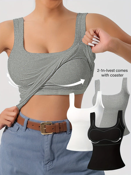 Women's 3Pcs U - Back Tank Tops With Removable Pads, Slim Fit Solid Color Versatile Inner & Outerwear Camisole Vest Set Casual Style - Eco Explorer Hub